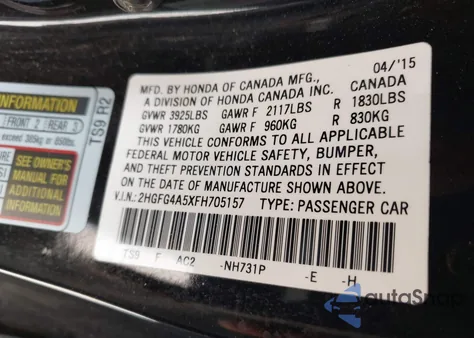 2015 Honda Civic Si from USA, damaged, VIN 2HGFG4A5XFH705157